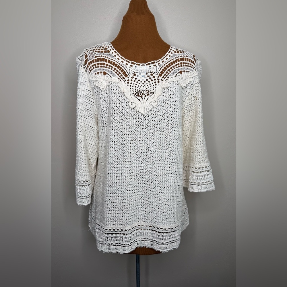 XCVI Cream Crochet Pullover Cotton Blouse Open Weave Size Medium - Picture 4 of 8